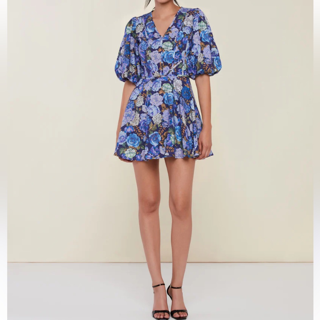 New Rachel Parcell Vneck Blue Floral Puff-Sleeve Women Mini Dress Size 6